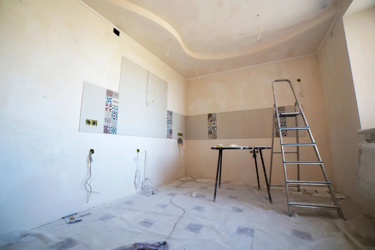 Room set up with tools for a ceiling drywall repair