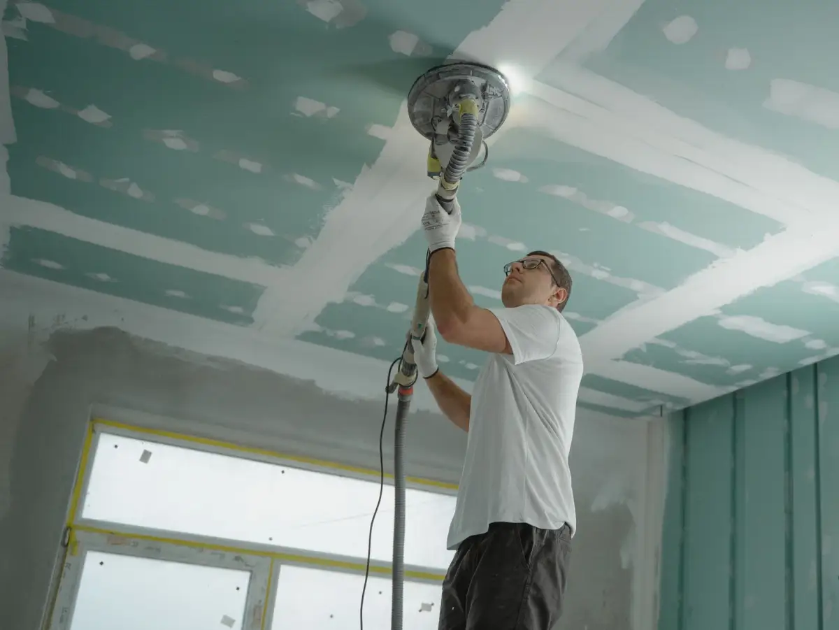 Professional sanding a ceiling drywall repair during a renovation