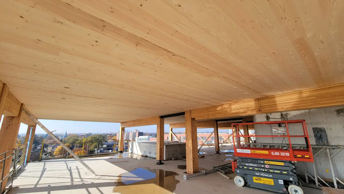 Commercial construction site with wooden framework in progress