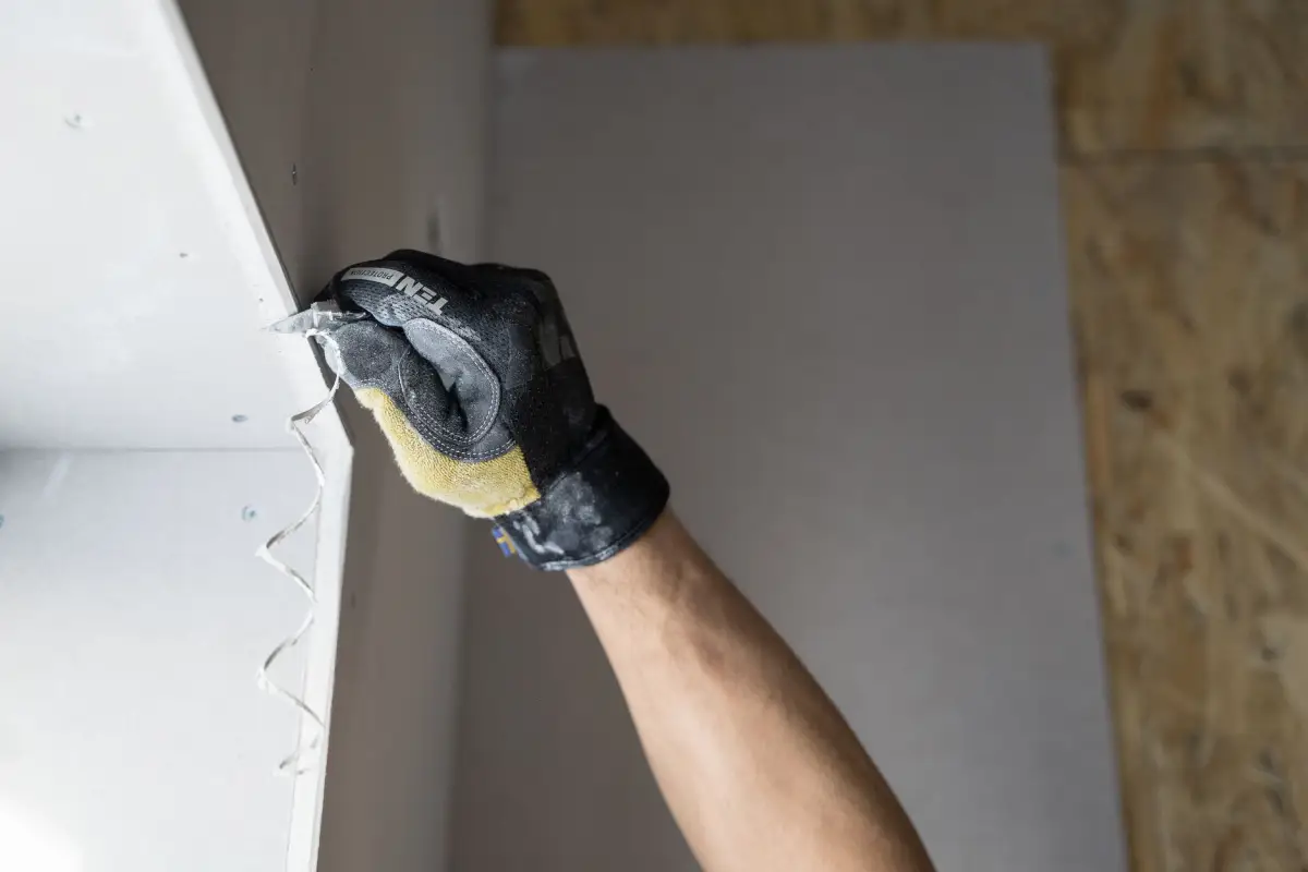 Gloved hand applying joint compound to a drywall patch