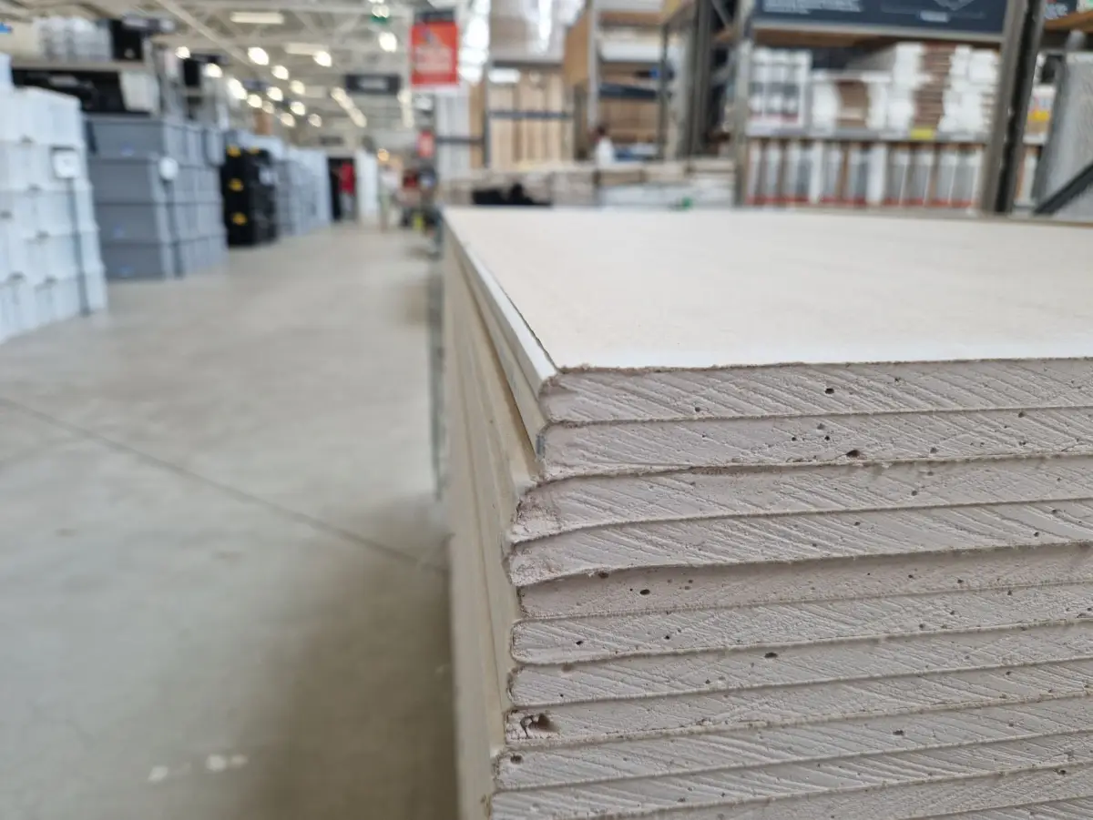 Close-up of drywall sheets staged for a tenant improvement project